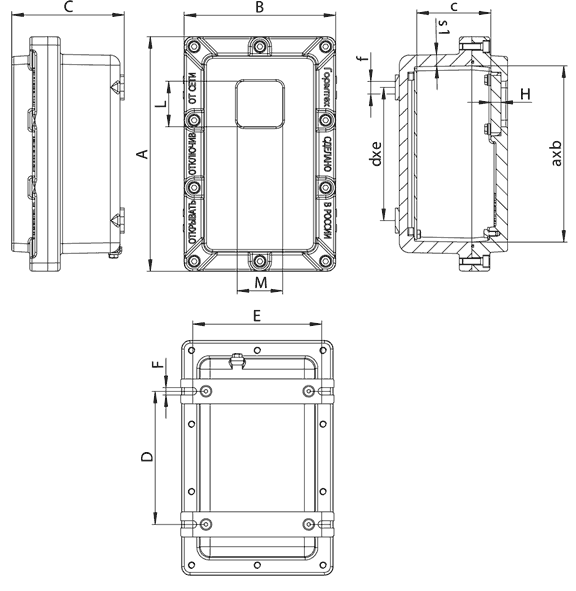 Габаритные размеры взрывозащищенных коробок (взрывонепроницаемых оболочек) с окном типа SHORV…-О