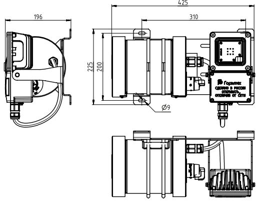 Drawing of explosion-proof LED luminaire SGU01-1240C/M2.../IBP, SGU01-2480C/M2.../IBP, SGU01-3720C/M2.../IBP with an external explosion-proof power supply unit